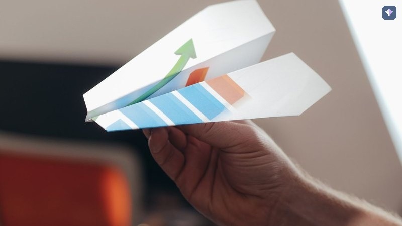 A hand holding a folded paper aeroplane