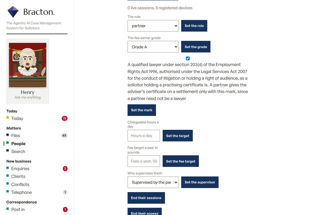 One person's controls on the People screen, the role, the fee earner grade, the qualified lawyer mark, the targets and the supervisor, each with its own button, and the presses that end their sessions or their access